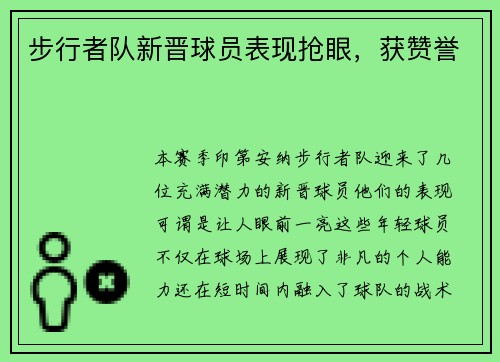步行者队新晋球员表现抢眼，获赞誉